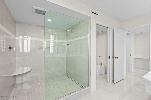 full bath featuring visible vents, a shower stall, and tile patterned flooring