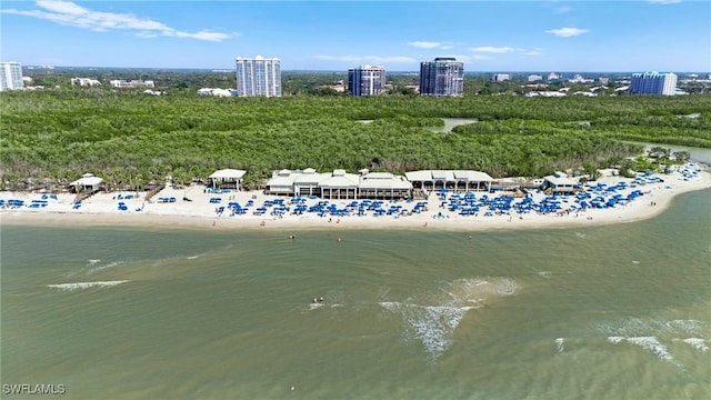 bird's eye view featuring a city view, a beach view, and a water view