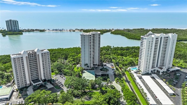 drone / aerial view featuring a city view and a water view