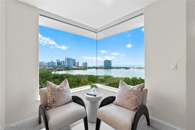 sitting room featuring a water view, a city view, and a healthy amount of sunlight