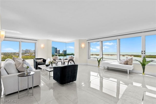 living room with a view of city and baseboards