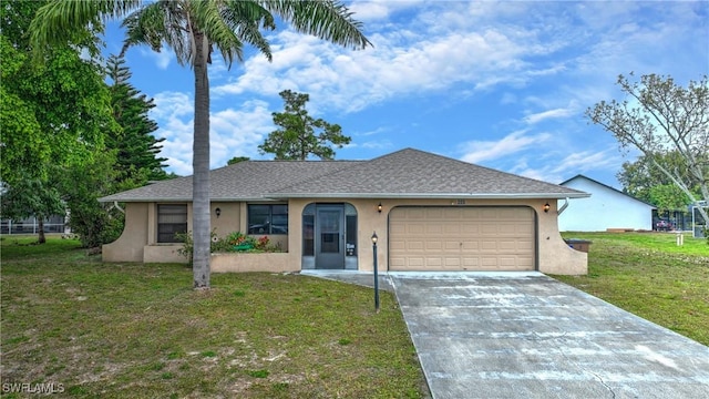 single story home featuring stucco siding, an attached garage, driveway, and a front yard