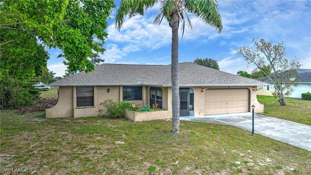 ranch-style home featuring stucco siding, concrete driveway, a garage, and a front yard