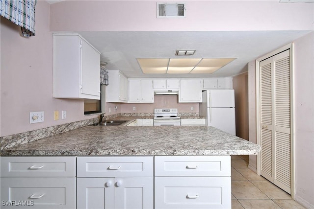 kitchen featuring a sink, visible vents, white appliances, and under cabinet range hood