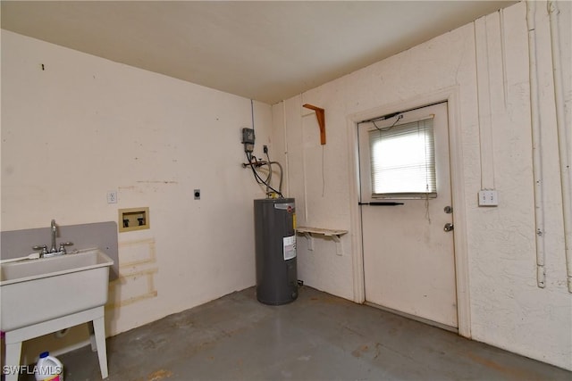 clothes washing area with hookup for an electric dryer, electric water heater, washer hookup, and laundry area