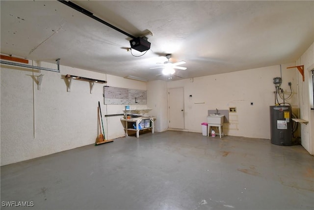 garage with a garage door opener and water heater