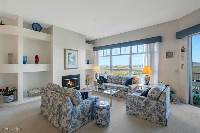 living area with a glass covered fireplace, a healthy amount of sunlight, and carpet