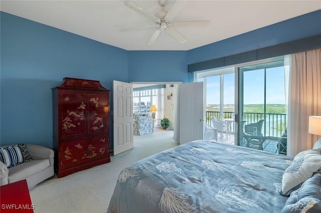 bedroom with ceiling fan, carpet floors, and access to outside