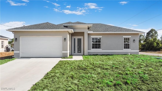 view of front of house featuring driveway, an attached garage, stucco siding, a shingled roof, and a front yard