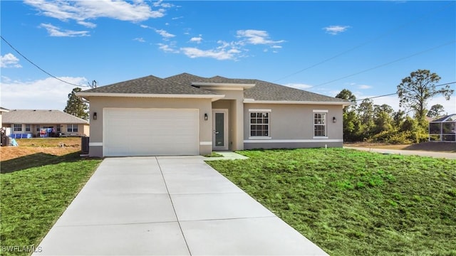 view of front of property featuring a front lawn, driveway, stucco siding, and a garage