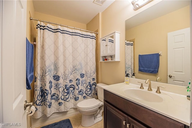 bathroom featuring visible vents, toilet, tile patterned flooring, shower / bath combination with curtain, and vanity