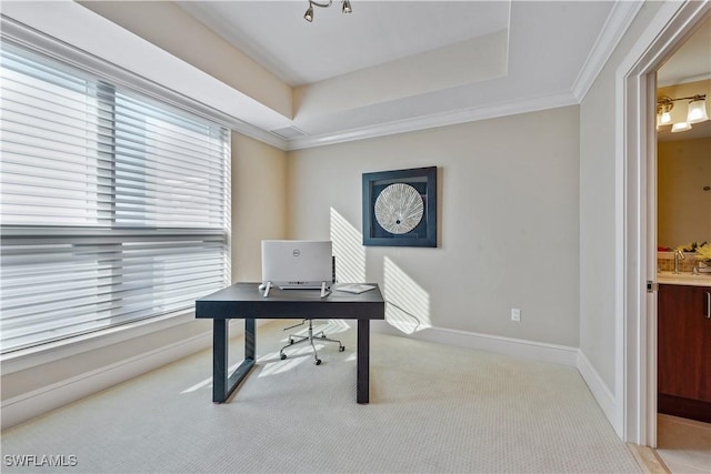 office space with a raised ceiling, plenty of natural light, baseboards, and ornamental molding