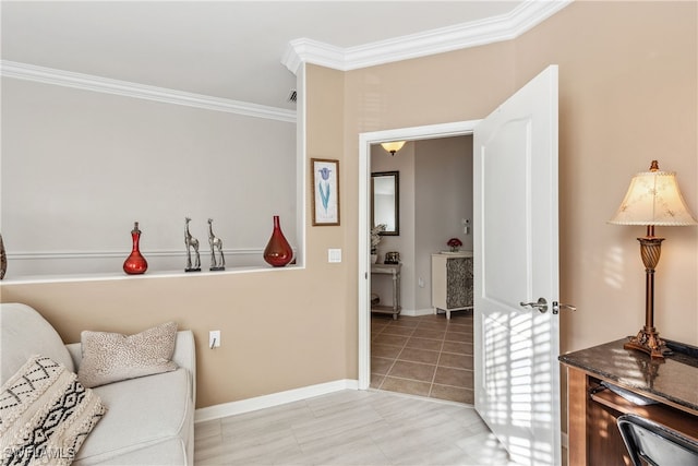 living area with light tile patterned floors, baseboards, and ornamental molding