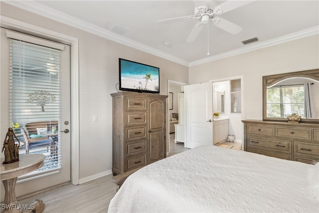 bedroom featuring access to exterior, visible vents, baseboards, ornamental molding, and ensuite bathroom