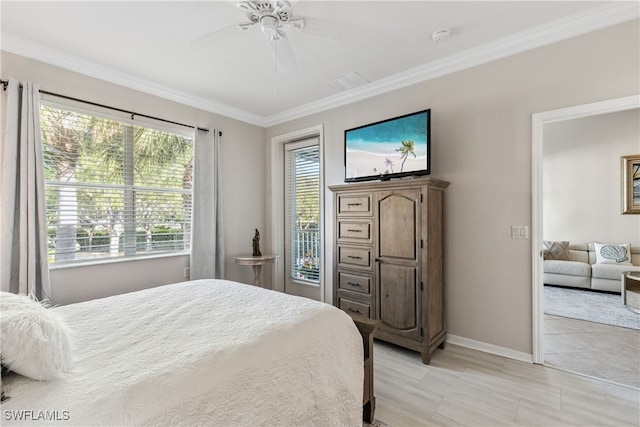 bedroom featuring ceiling fan, baseboards, and ornamental molding