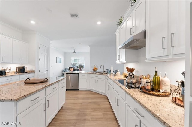 kitchen featuring visible vents, under cabinet range hood, white cabinetry, black electric stovetop, and dishwasher