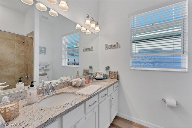 full bathroom featuring a healthy amount of sunlight, tiled shower, and a sink