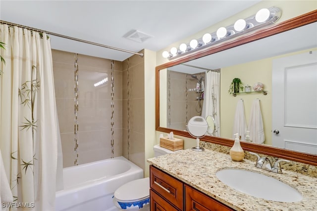 full bath featuring vanity, shower / bath combination with curtain, toilet, and visible vents