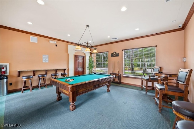 recreation room featuring billiards, baseboards, and visible vents