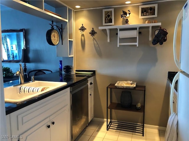 kitchen with open shelves, a sink, white cabinets, dishwasher, and dark countertops