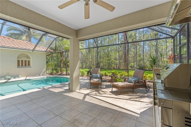 2874 Lone Pine Ln, Naples, FL 34119 - outdoor pool with ceiling fan, a patio area, and a lanai