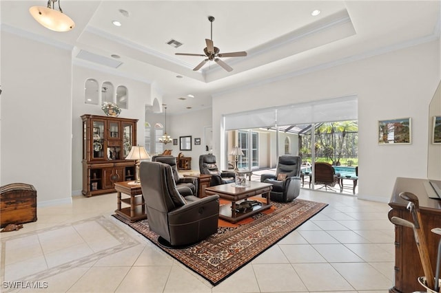 2874 Lone Pine Ln, Naples, FL 34119 - living area featuring crown molding, a ceiling fan, a tray ceiling, and light tile patterned floors