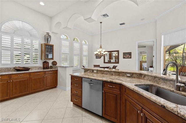 2874 Lone Pine Ln, Naples, FL 34119 - kitchen with visible vents, pendant lighting, light stone countertops, a sink, and dishwasher