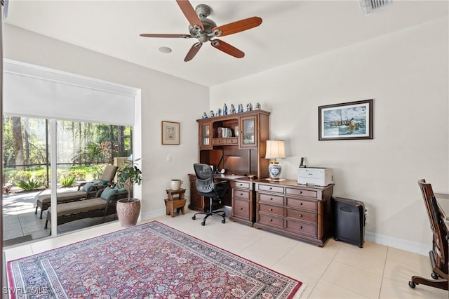 2874 Lone Pine Ln, Naples, FL 34119 - office area featuring light tile patterned floors, baseboards, ceiling fan, and visible vents
