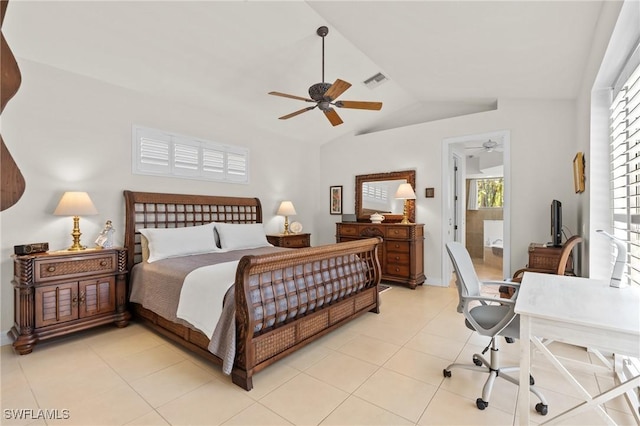 2874 Lone Pine Ln, Naples, FL 34119 - bedroom with ensuite bath, a ceiling fan, light tile patterned floors, vaulted ceiling, and visible vents