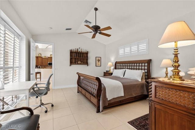 2874 Lone Pine Ln, Naples, FL 34119 - bedroom featuring ceiling fan, visible vents, light tile patterned floors, and vaulted ceiling
