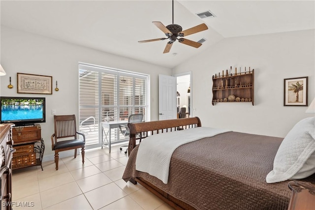 2874 Lone Pine Ln, Naples, FL 34119 - bedroom featuring light tile patterned floors, a ceiling fan, vaulted ceiling, and visible vents