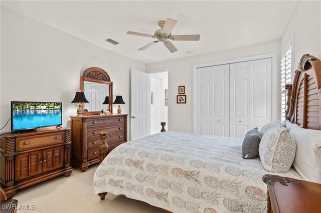 2874 Lone Pine Ln, Naples, FL 34119 - bedroom with ceiling fan, visible vents, light tile patterned floors, and a closet