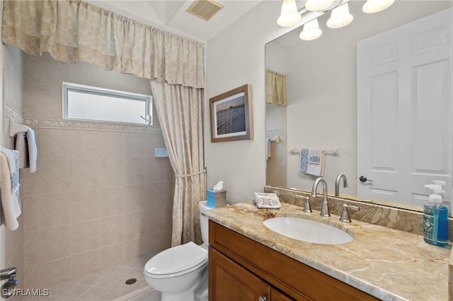 2874 Lone Pine Ln, Naples, FL 34119 - full bathroom featuring visible vents, vanity, toilet, a notable chandelier, and tiled shower
