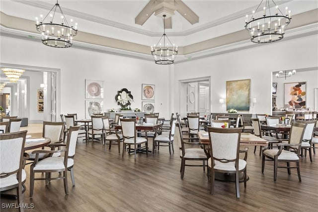 2874 Lone Pine Ln, Naples, FL 34119 - dining space featuring an inviting chandelier, recessed lighting, wood finished floors, and a towering ceiling