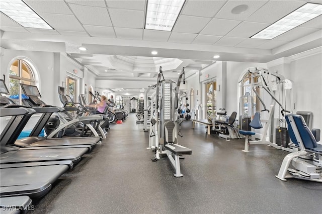 2874 Lone Pine Ln, Naples, FL 34119 - exercise room with crown molding and a paneled ceiling