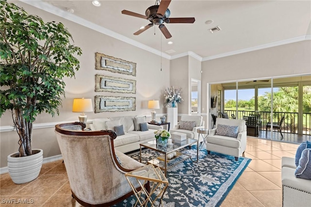 9330 Triana Ter Unit 274, Fort Myers, FL 33912 - tiled living room with visible vents, crown molding, recessed lighting, and a ceiling fan