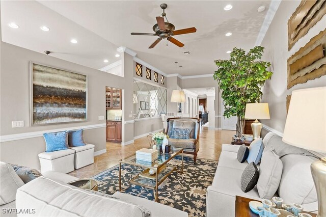 9330 Triana Ter Unit 274, Fort Myers, FL 33912 - living room featuring light tile patterned flooring, a ceiling fan, baseboards, ornamental molding, and recessed lighting