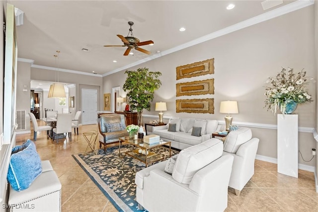 9330 Triana Ter Unit 274, Fort Myers, FL 33912 - living area featuring light tile patterned flooring, visible vents, ornamental molding, and a ceiling fan