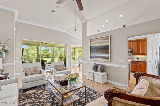9330 Triana Ter Unit 274, Fort Myers, FL 33912 - living area with light tile patterned flooring, vaulted ceiling, baseboards, visible vents, and ceiling fan