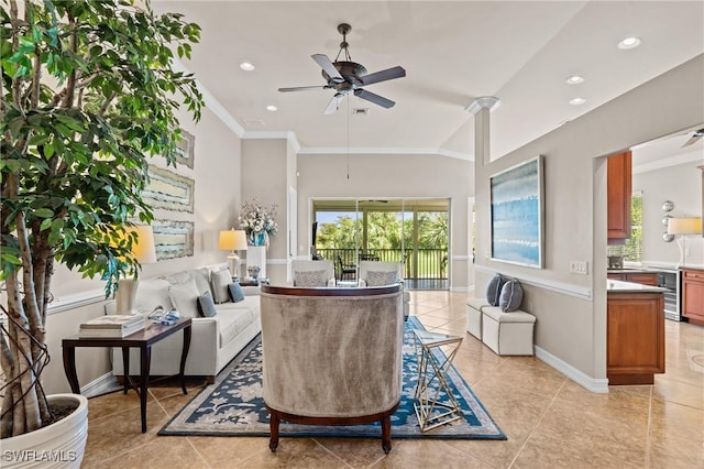 9330 Triana Ter Unit 274, Fort Myers, FL 33912 - living room with crown molding, light tile patterned floors, baseboards, wine cooler, and a ceiling fan