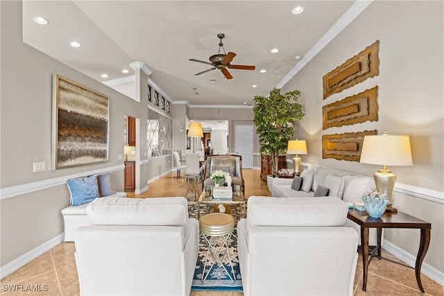 9330 Triana Ter Unit 274, Fort Myers, FL 33912 - living room with a ceiling fan, light tile patterned flooring, ornamental molding, and recessed lighting