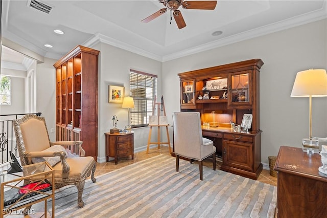9330 Triana Ter Unit 274, Fort Myers, FL 33912 - office area with baseboards, visible vents, crown molding, and ceiling fan