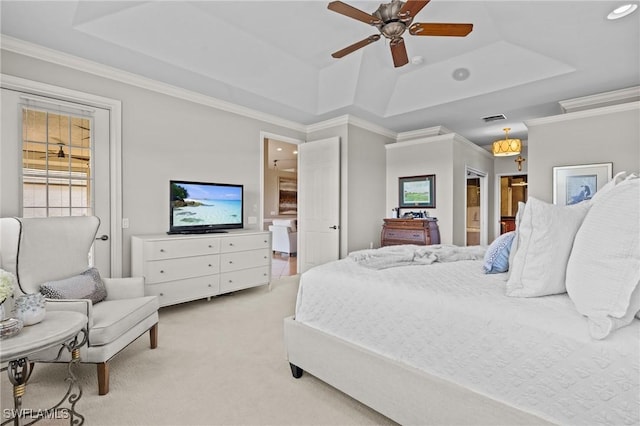 9330 Triana Ter Unit 274, Fort Myers, FL 33912 - bedroom with light carpet, visible vents, ornamental molding, and a raised ceiling