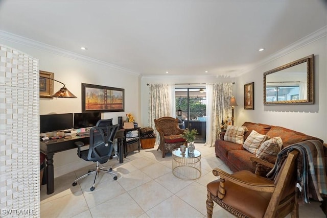 home office with light tile patterned floors, ornamental molding, and recessed lighting