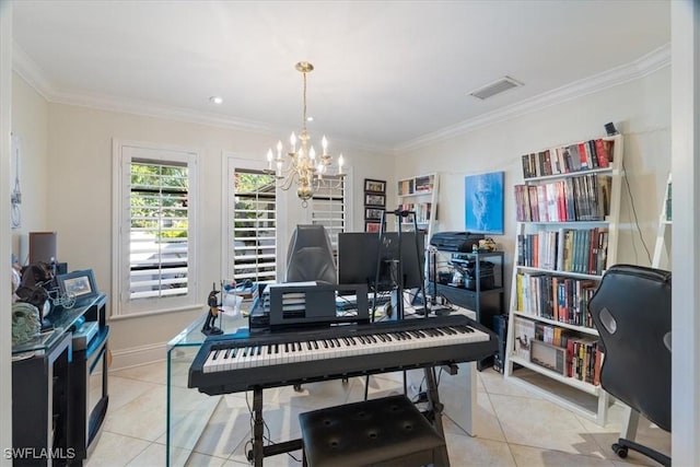 home office featuring visible vents, baseboards, an inviting chandelier, light tile patterned flooring, and crown molding