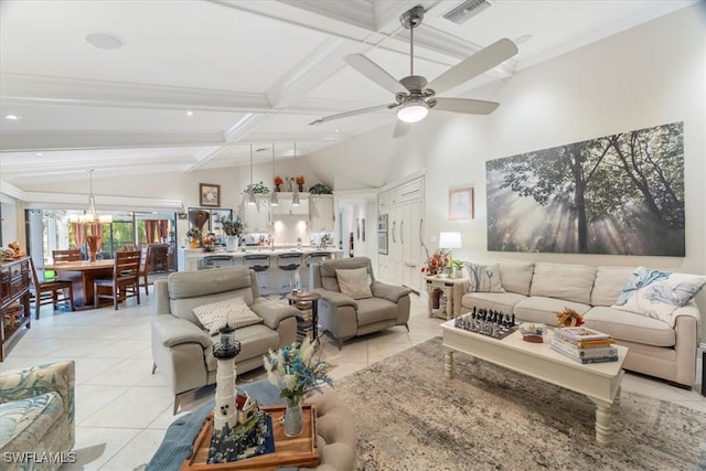 living room featuring light tile patterned floors, visible vents, lofted ceiling with beams, and ceiling fan