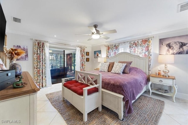 bedroom featuring crown molding, access to outside, light tile patterned floors, and visible vents