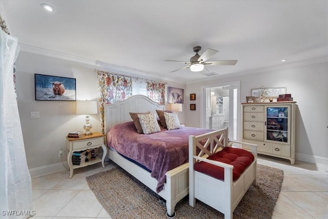 bedroom with light tile patterned floors, baseboards, and crown molding