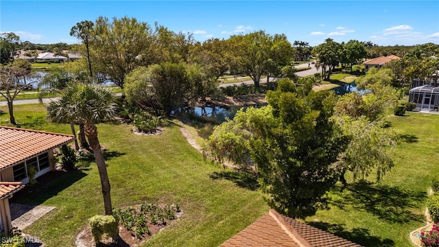 bird's eye view with a water view