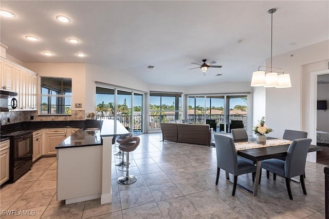 dining room with recessed lighting, light tile patterned floors, a ceiling fan, and visible vents